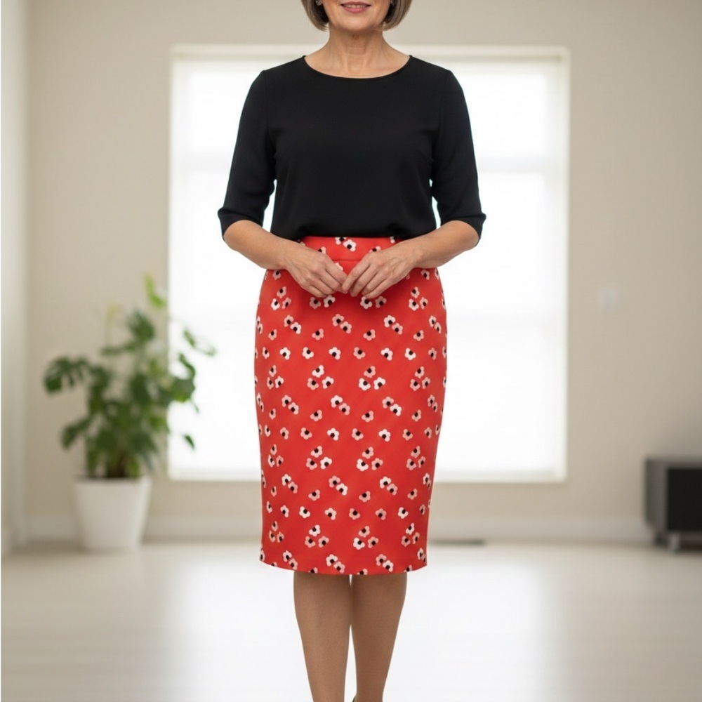 Boden Red Pencil Skirt with White Patterns